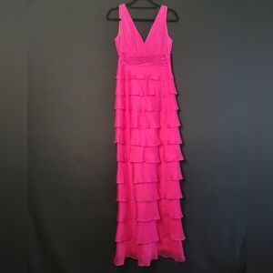 Kay Unger Vibrant Silk Pink Tiered Maxi Dress Sleeveless V-Neck
